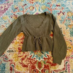 Olive Green Knit Sweater with Tie Waist